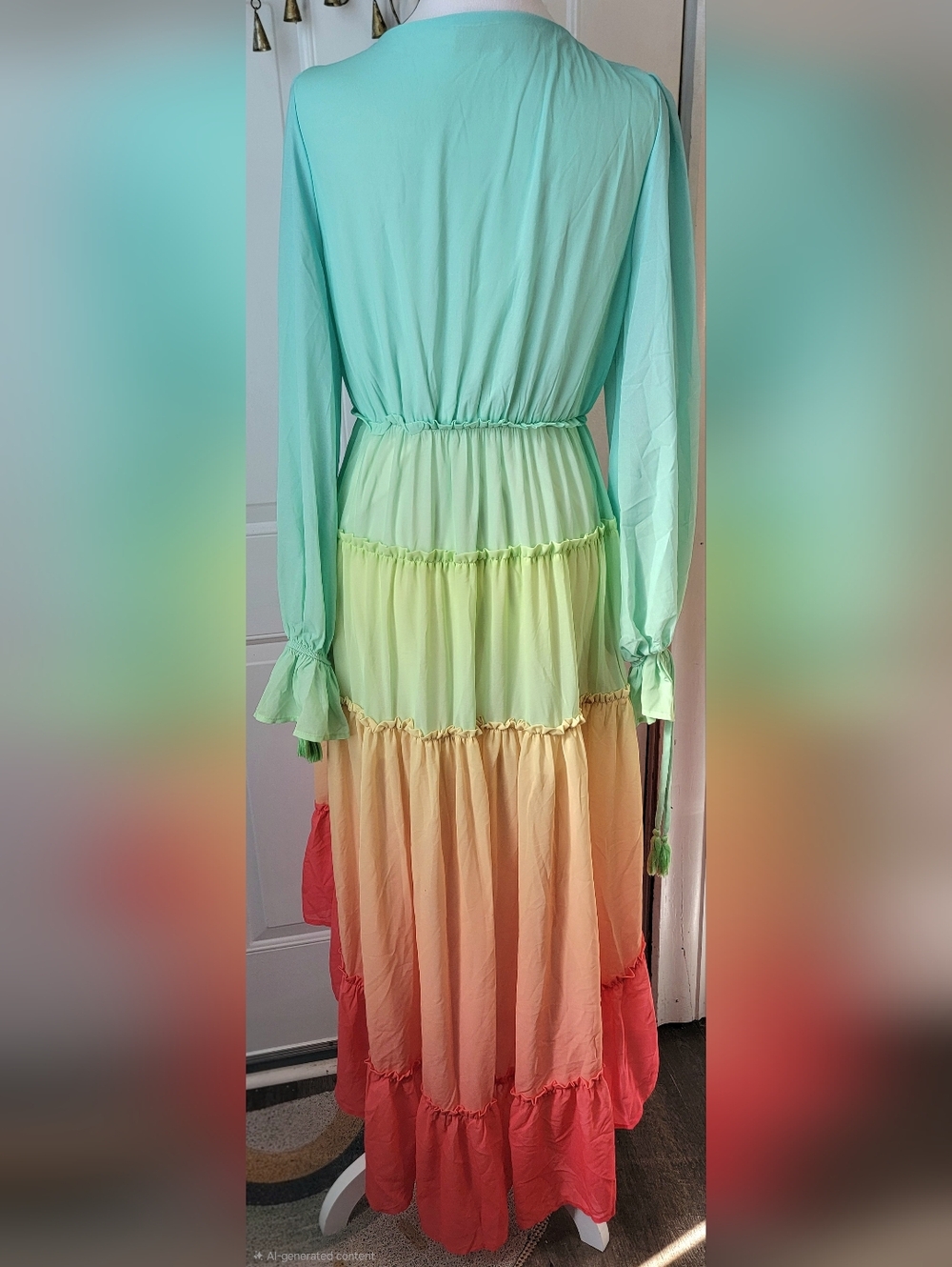 Champagne & Strawberry Tiered High Low Maxi Dress Womens S Pastel Ombre Long Sle - Picture 4 of 14
